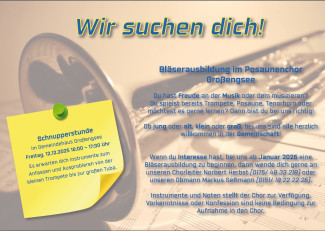 Eine Posaune im Hintergrund mit Text im Fordergrund.